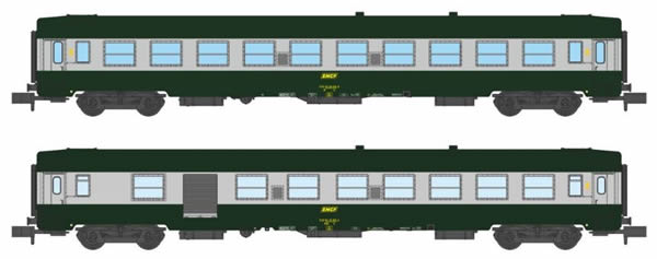 REE Modeles NW-150 - SET of 2French SNCF Coach Set Class UIC CAR B10 et B5D Green/ALU Yellow Logo Era IV